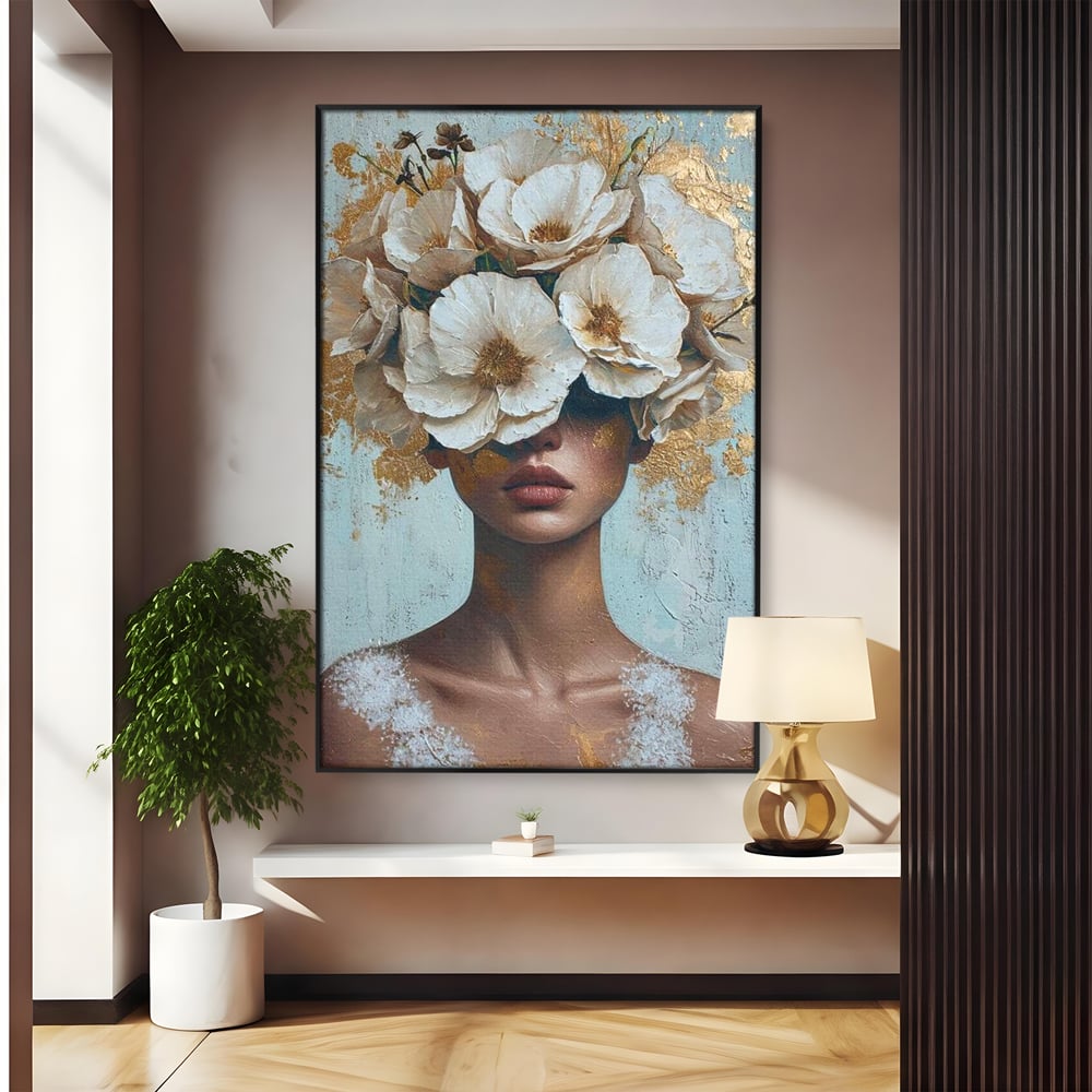 Tablou canvas cu tablou portret femeie cu flori albe, in rama de aluminiu negru